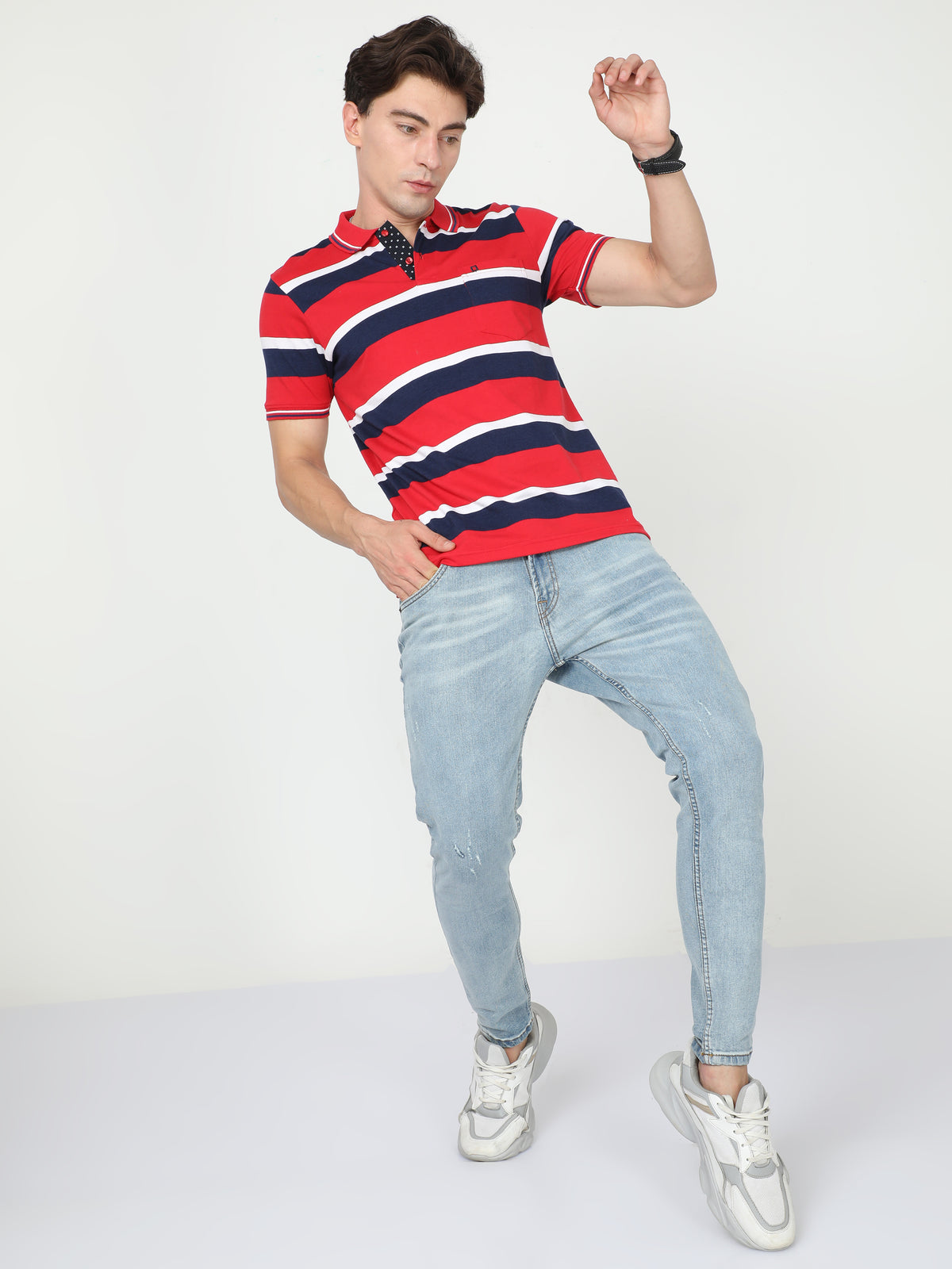 Shop Men's Blue & Red Stripe Regular Fit Half Sleeves Polo Neck T-Shirt Online.