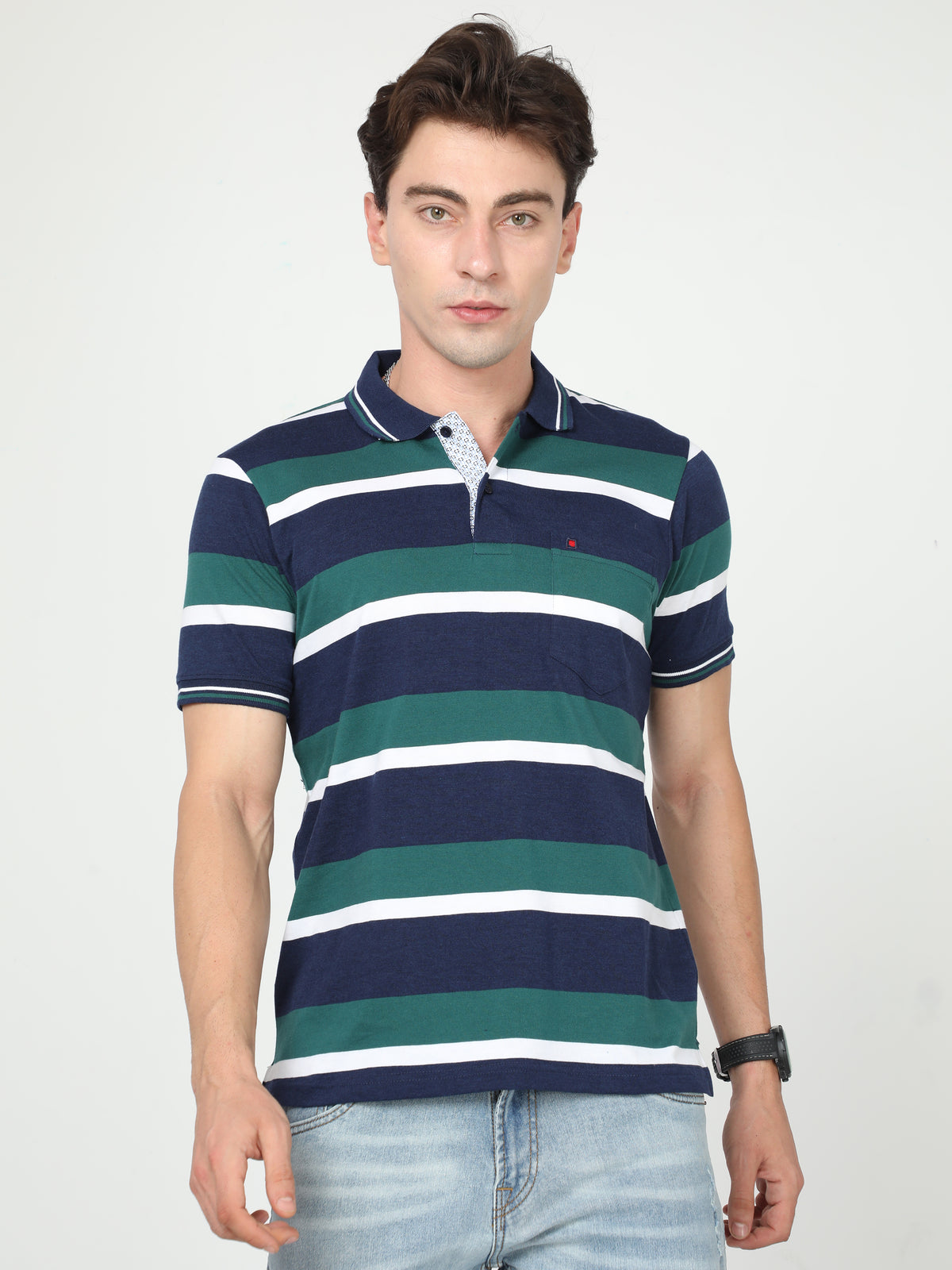 Shop Men's Blue & Green Stripe Regular Fit Half Sleeves Polo Neck T-Shirt Online.