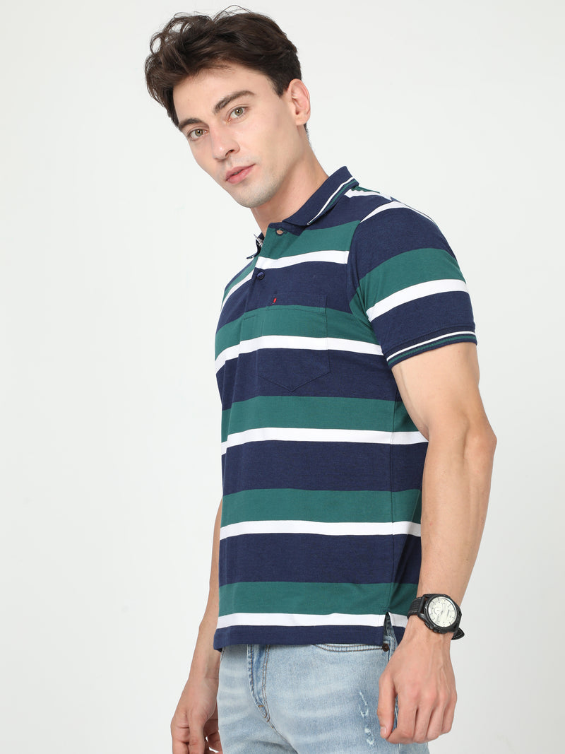 Shop Men's Blue & Green Stripe Regular Fit Half Sleeves Polo Neck T-Shirt Online.