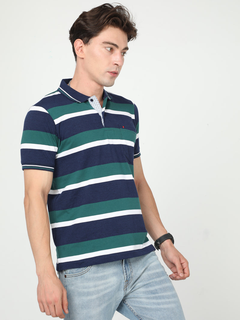 Shop Men's Blue & Green Stripe Regular Fit Half Sleeves Polo Neck T-Shirt Online.