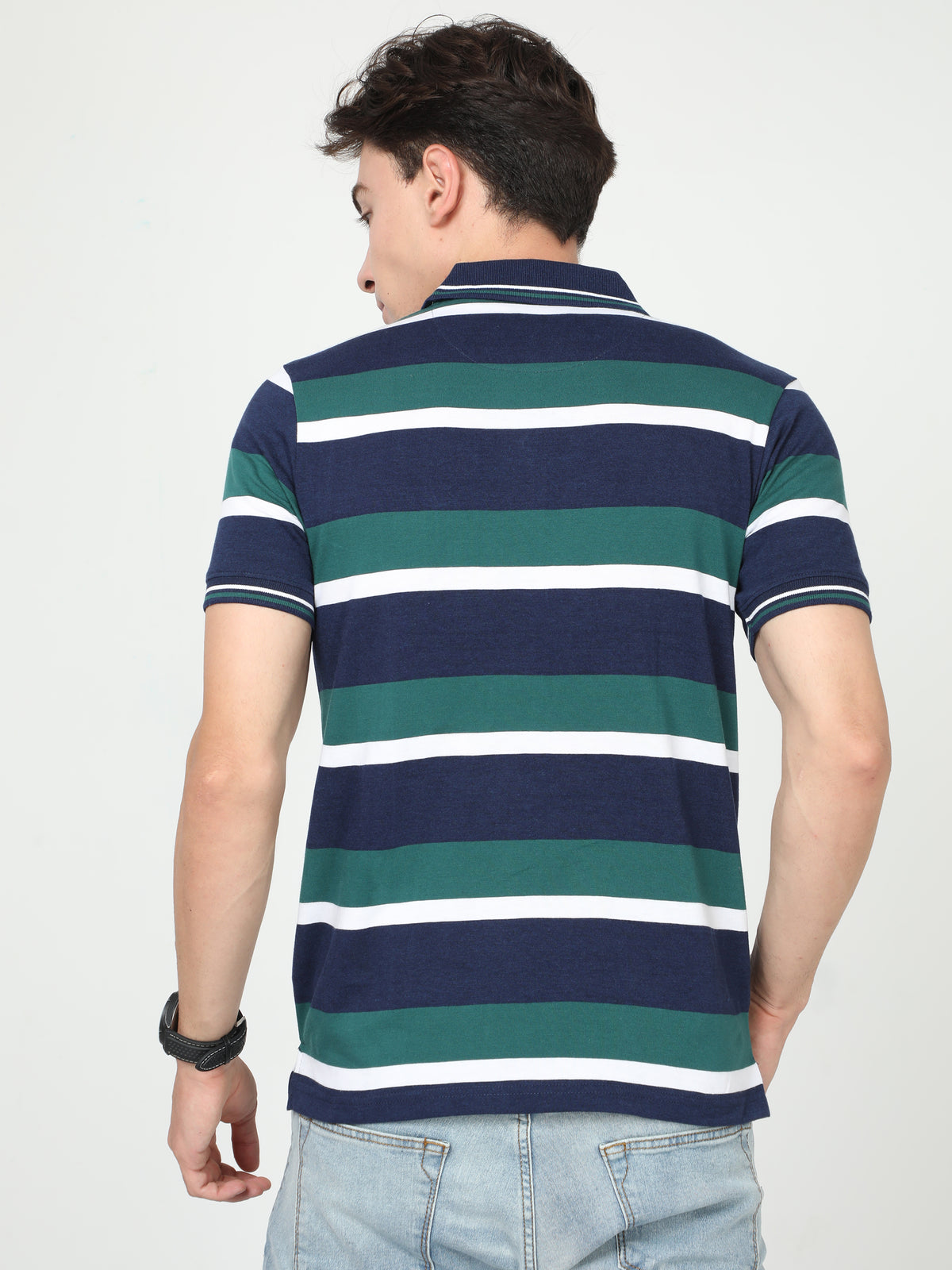 Shop Men's Blue & Green Stripe Regular Fit Half Sleeves Polo Neck T-Shirt Online.