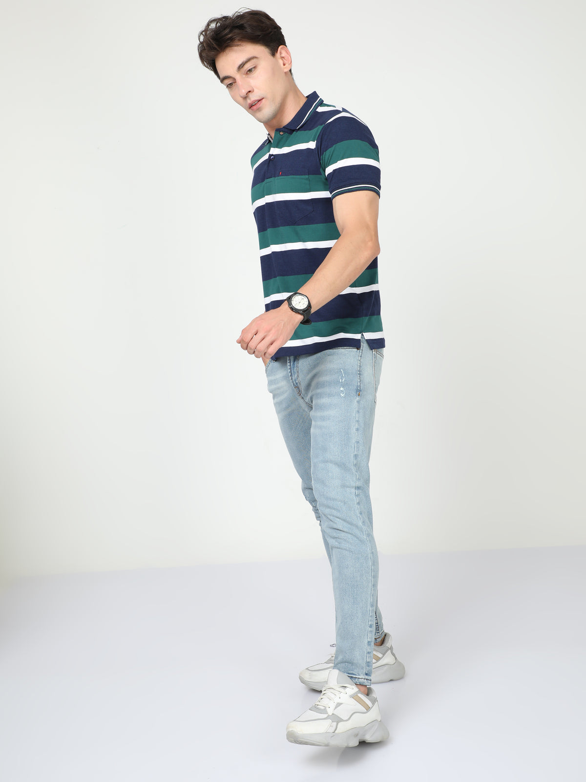 Shop Men's Blue & Green Stripe Regular Fit Half Sleeves Polo Neck T-Shirt Online.