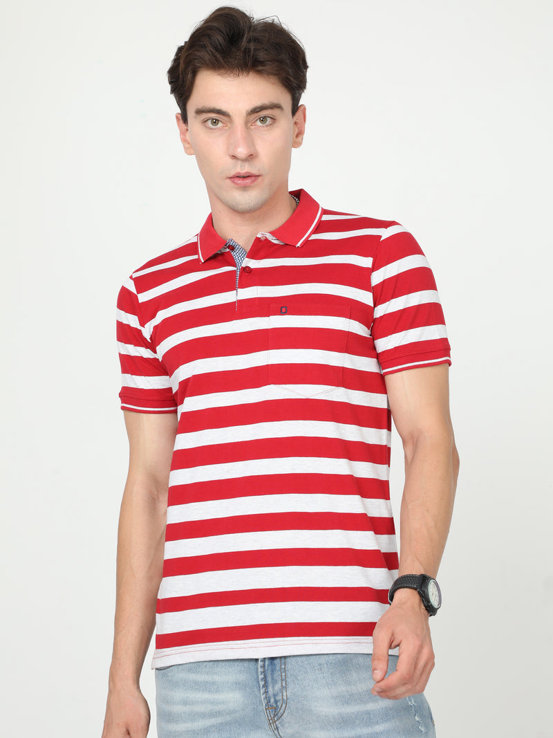 Shop Men's White & Red Stripe Regular Fit Half Sleeves Polo Neck T-Shirt Online.