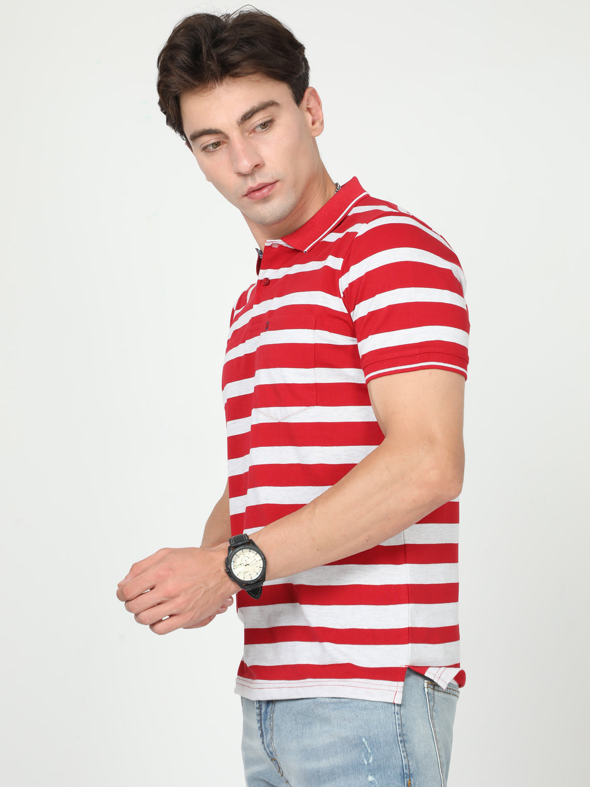 Shop Men's White & Red Stripe Regular Fit Half Sleeves Polo Neck T-Shirt Online.