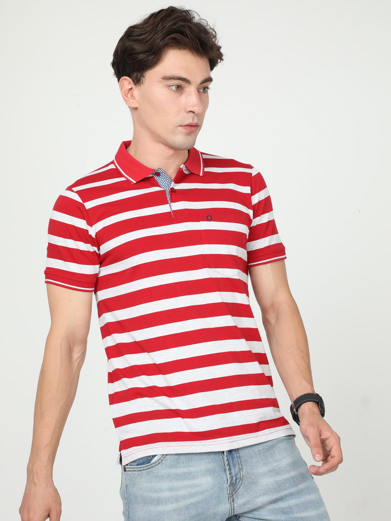 Shop Men's White & Red Stripe Regular Fit Half Sleeves Polo Neck T-Shirt Online.