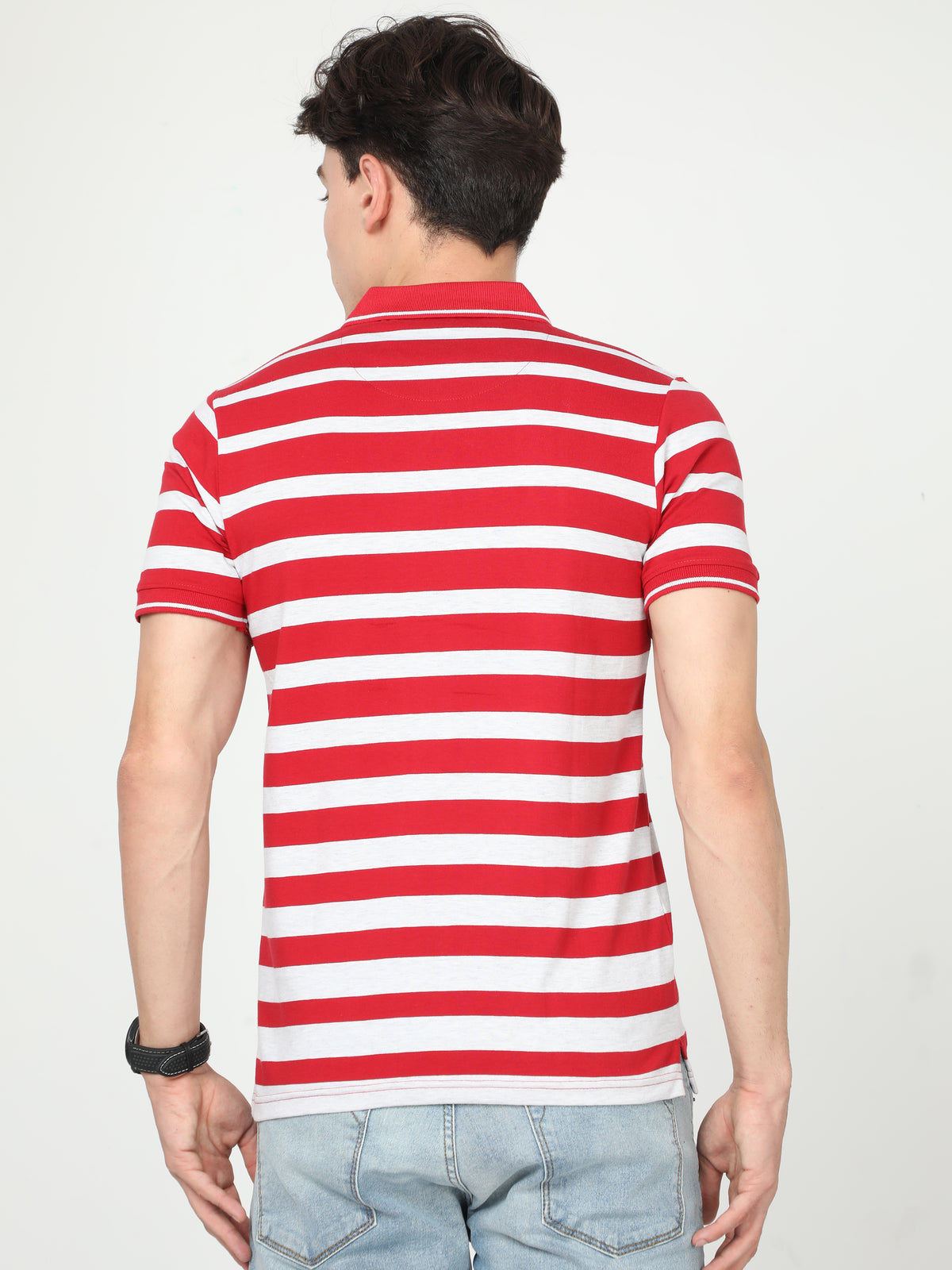 Shop Men's White & Red Stripe Regular Fit Half Sleeves Polo Neck T-Shirt Online.