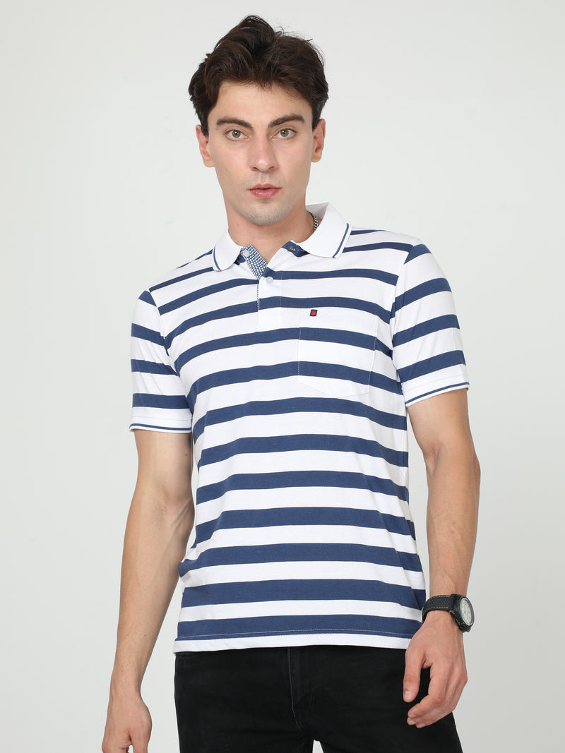 Shop Men's White & Blue Stripe Regular Fit Half Sleeves Polo Neck T-Shirt Online.