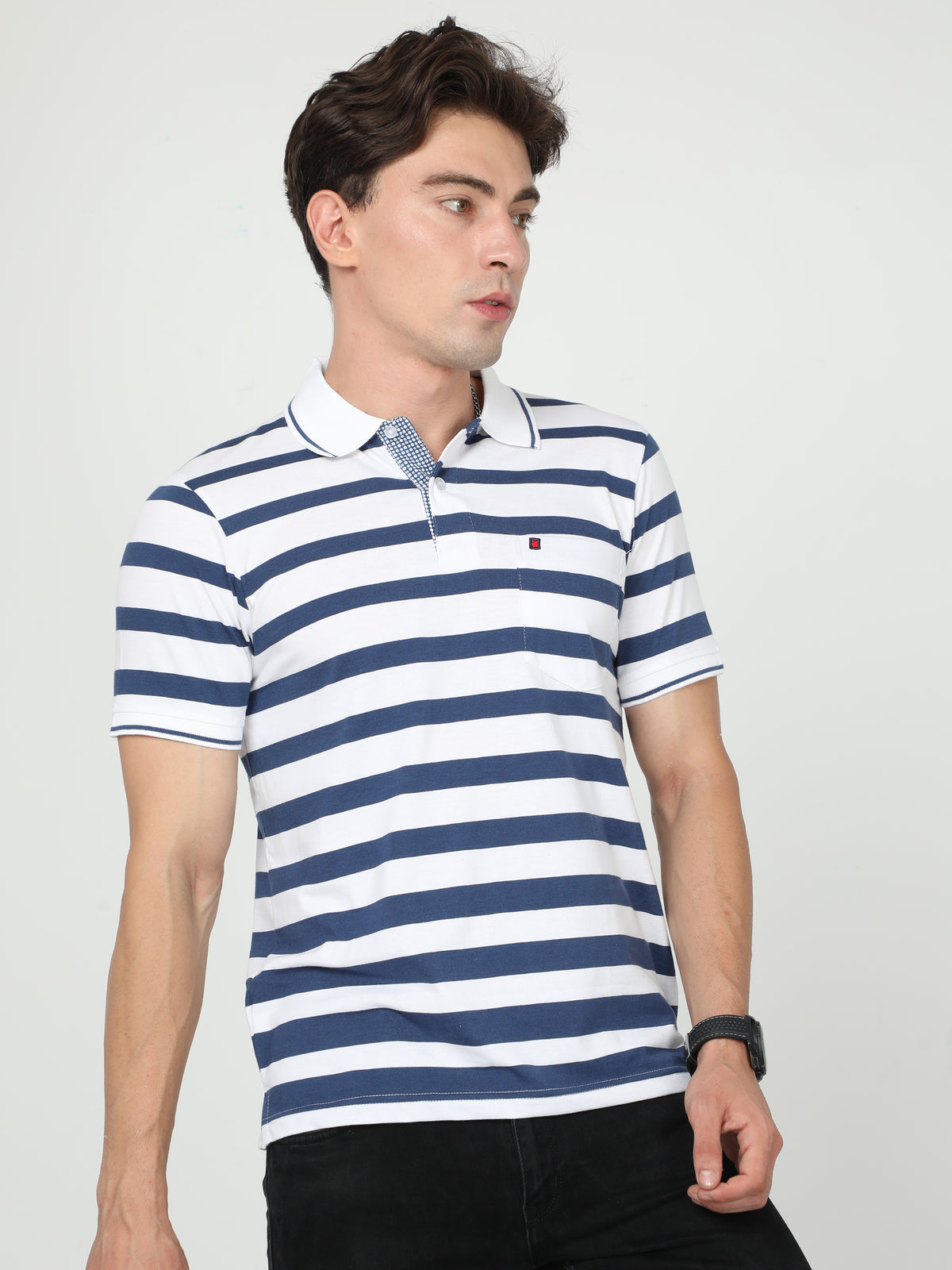 Shop Men's White & Blue Stripe Regular Fit Half Sleeves Polo Neck T-Shirt Online.