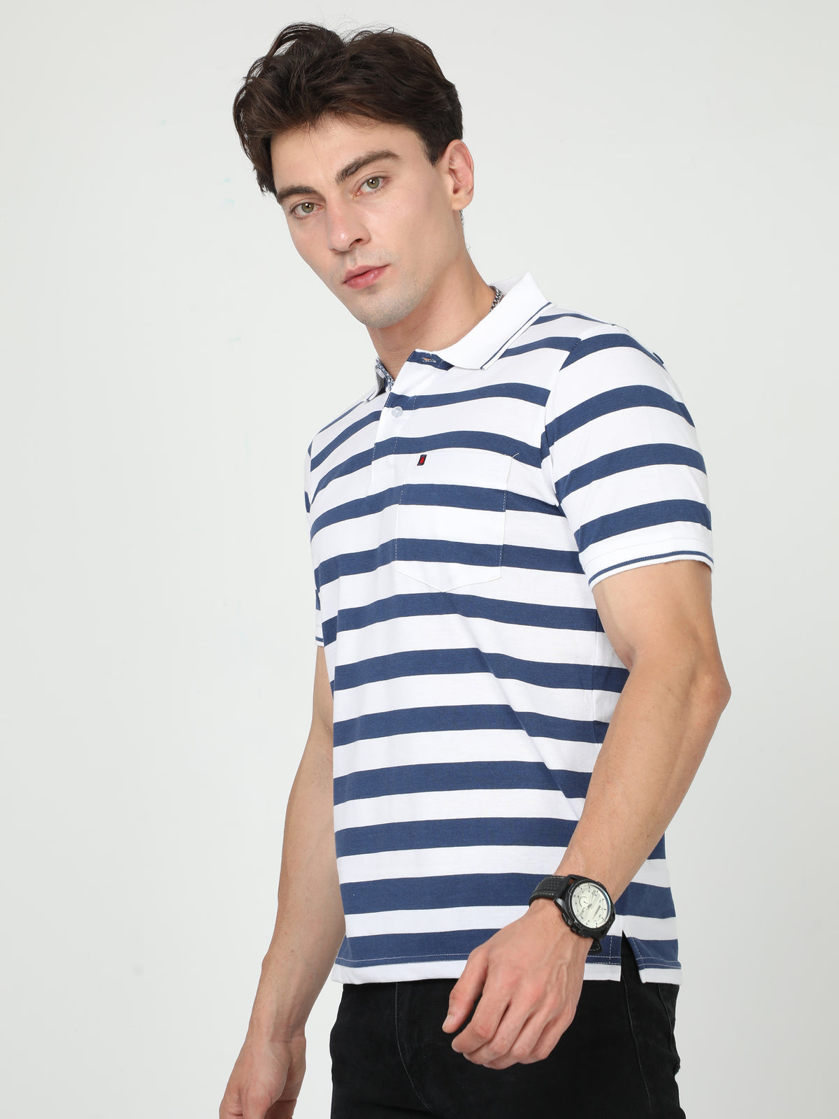 Shop Men's White & Blue Stripe Regular Fit Half Sleeves Polo Neck T-Shirt Online.