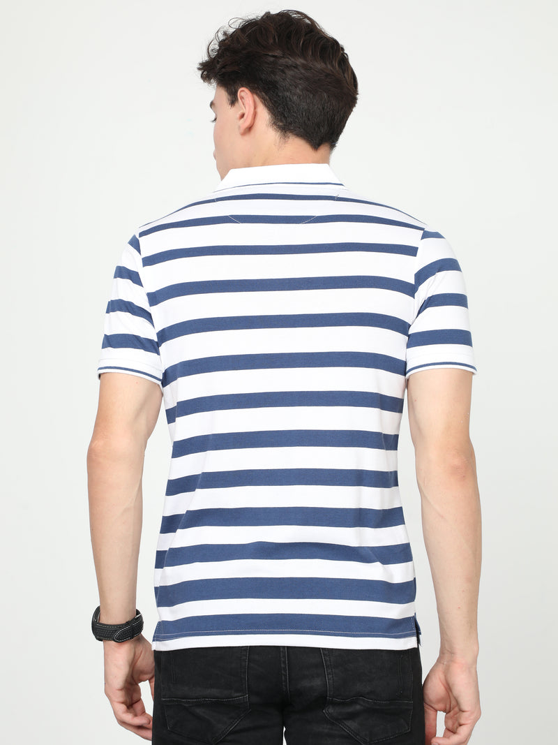 Shop Men's White & Blue Stripe Regular Fit Half Sleeves Polo Neck T-Shirt Online.