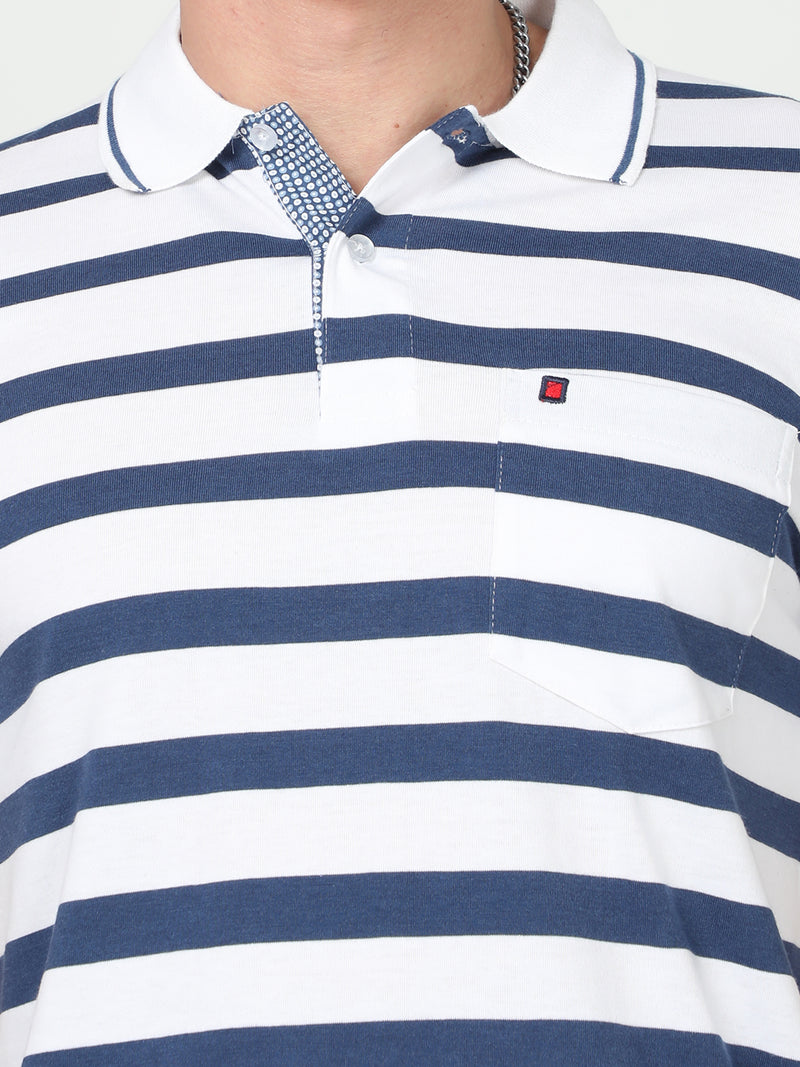 Shop Men's White & Blue Stripe Regular Fit Half Sleeves Polo Neck T-Shirt Online.