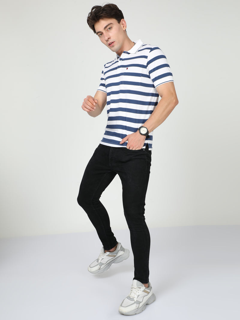 Shop Men's White & Blue Stripe Regular Fit Half Sleeves Polo Neck T-Shirt Online.