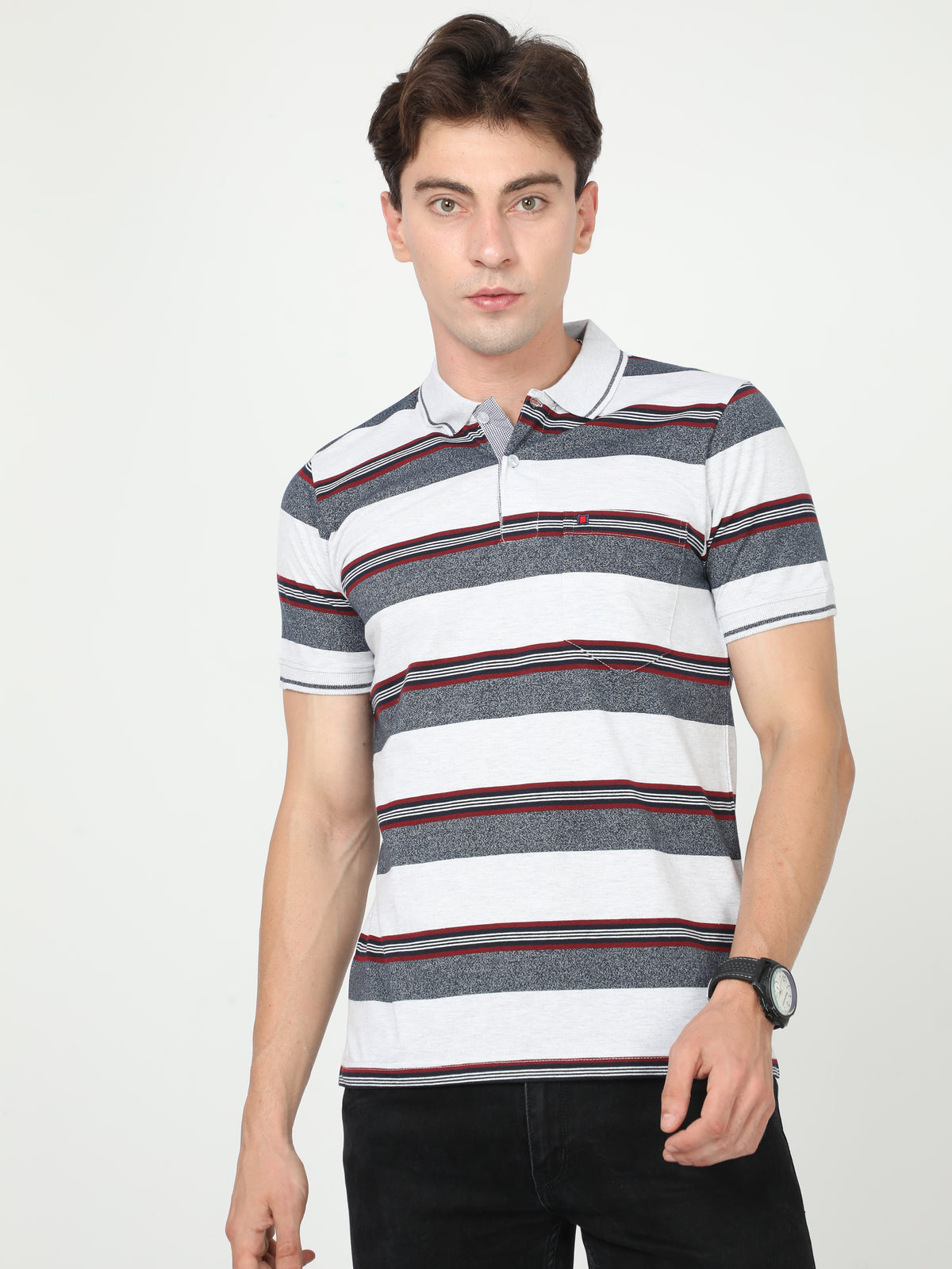 Shop Men's White & Grey Stripe Regular Fit Half Sleeves Polo Neck T-Shirt Online.