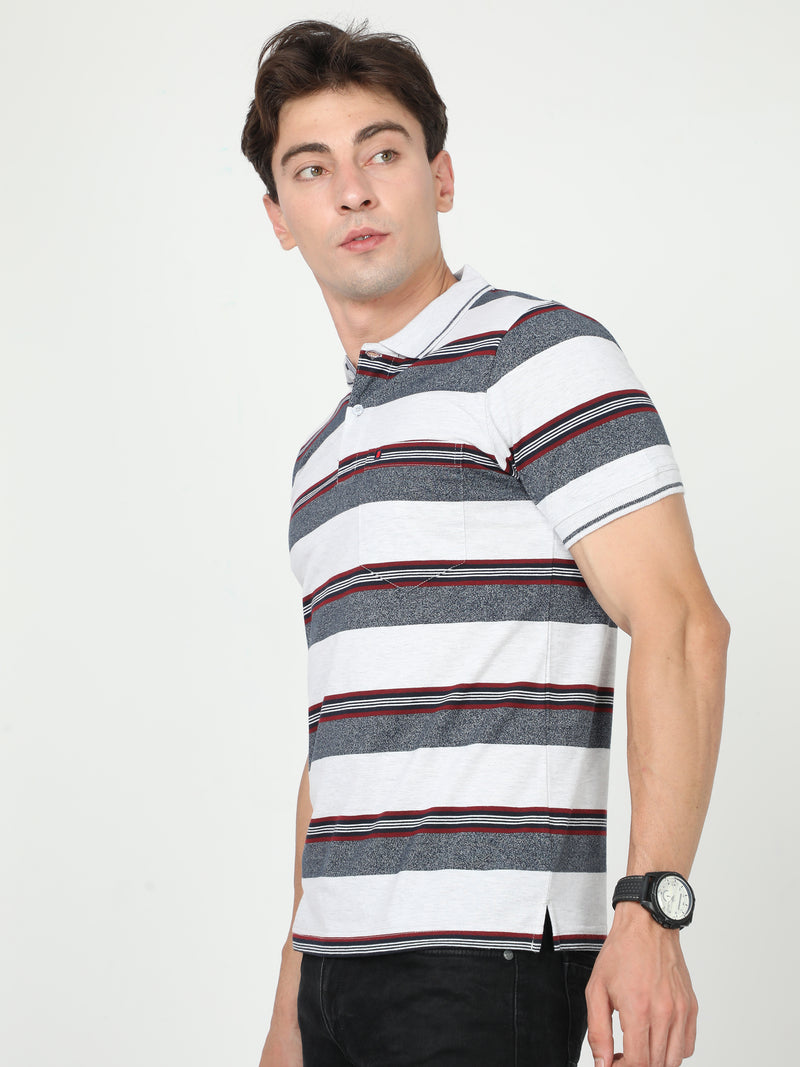 Shop Men's White & Grey Stripe Regular Fit Half Sleeves Polo Neck T-Shirt Online.