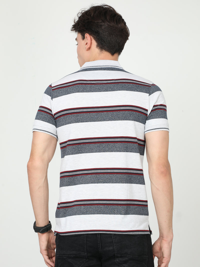 Shop Men's White & Grey Stripe Regular Fit Half Sleeves Polo Neck T-Shirt Online.