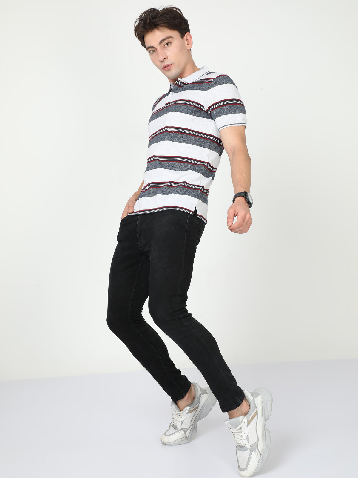 Shop Men's White & Grey Stripe Regular Fit Half Sleeves Polo Neck T-Shirt Online.