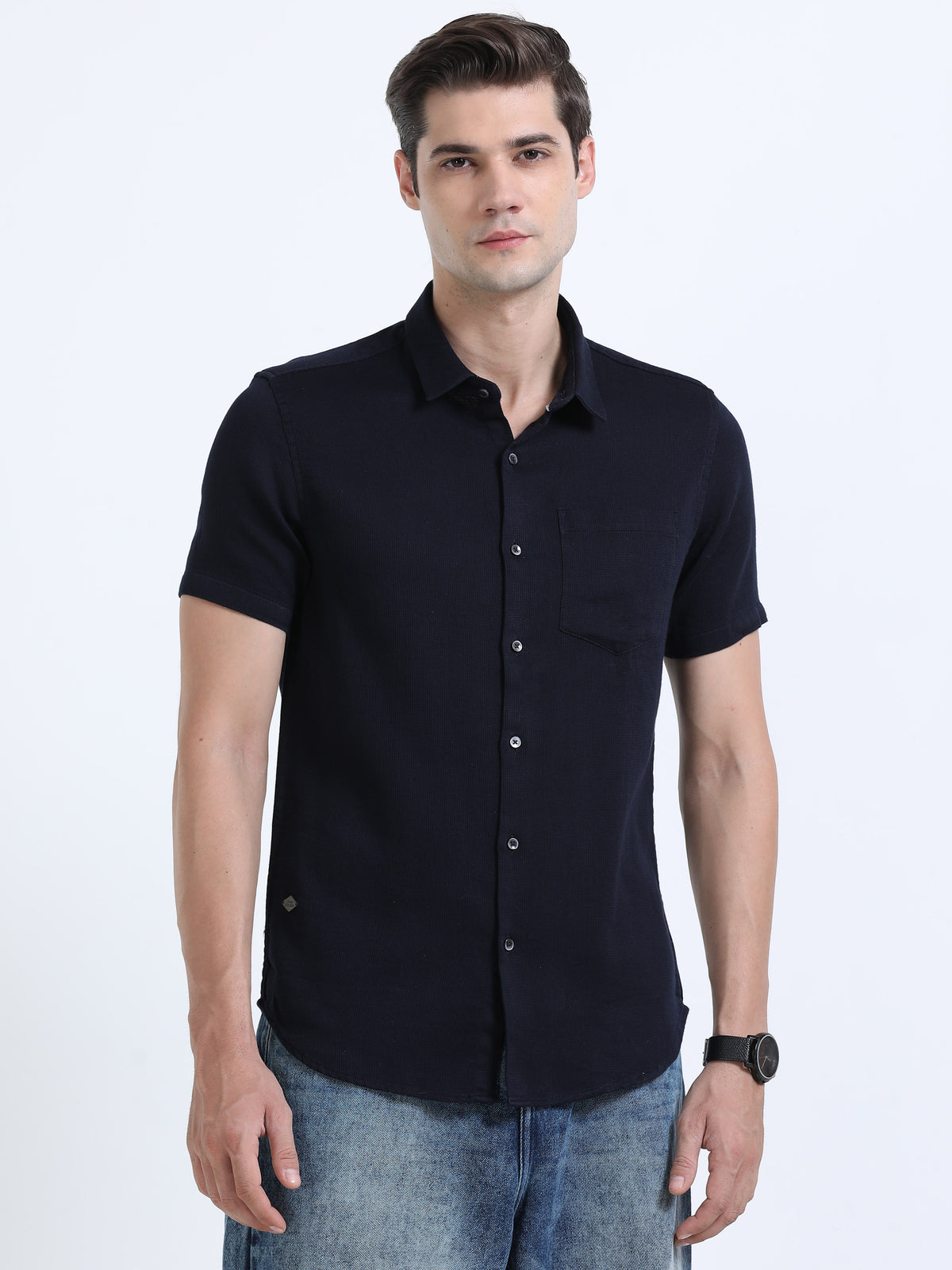 Men's Navy Slim Fit Dobby Half Sleeve Casual Shirt
