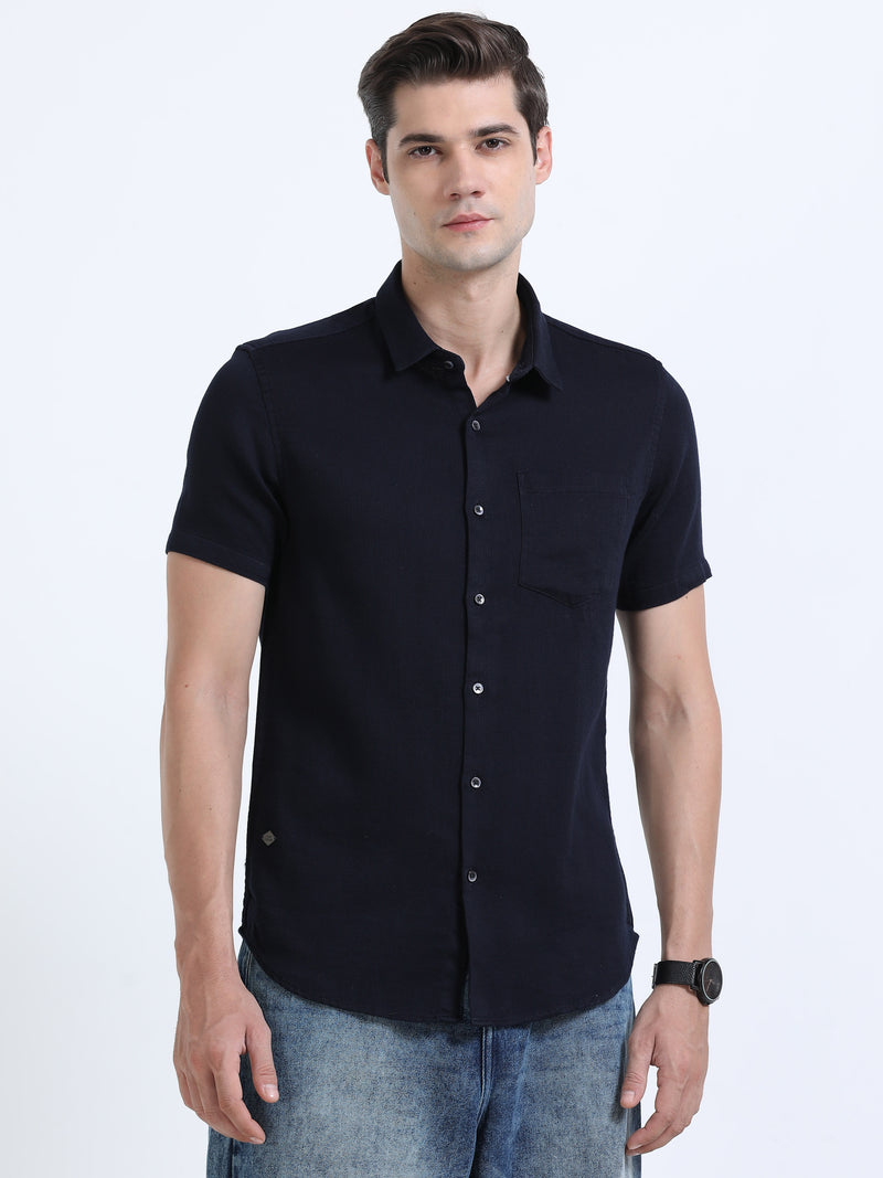 Shop Men's Navy Slim Fit Half Sleeve Dobby Casual Shirt Online.