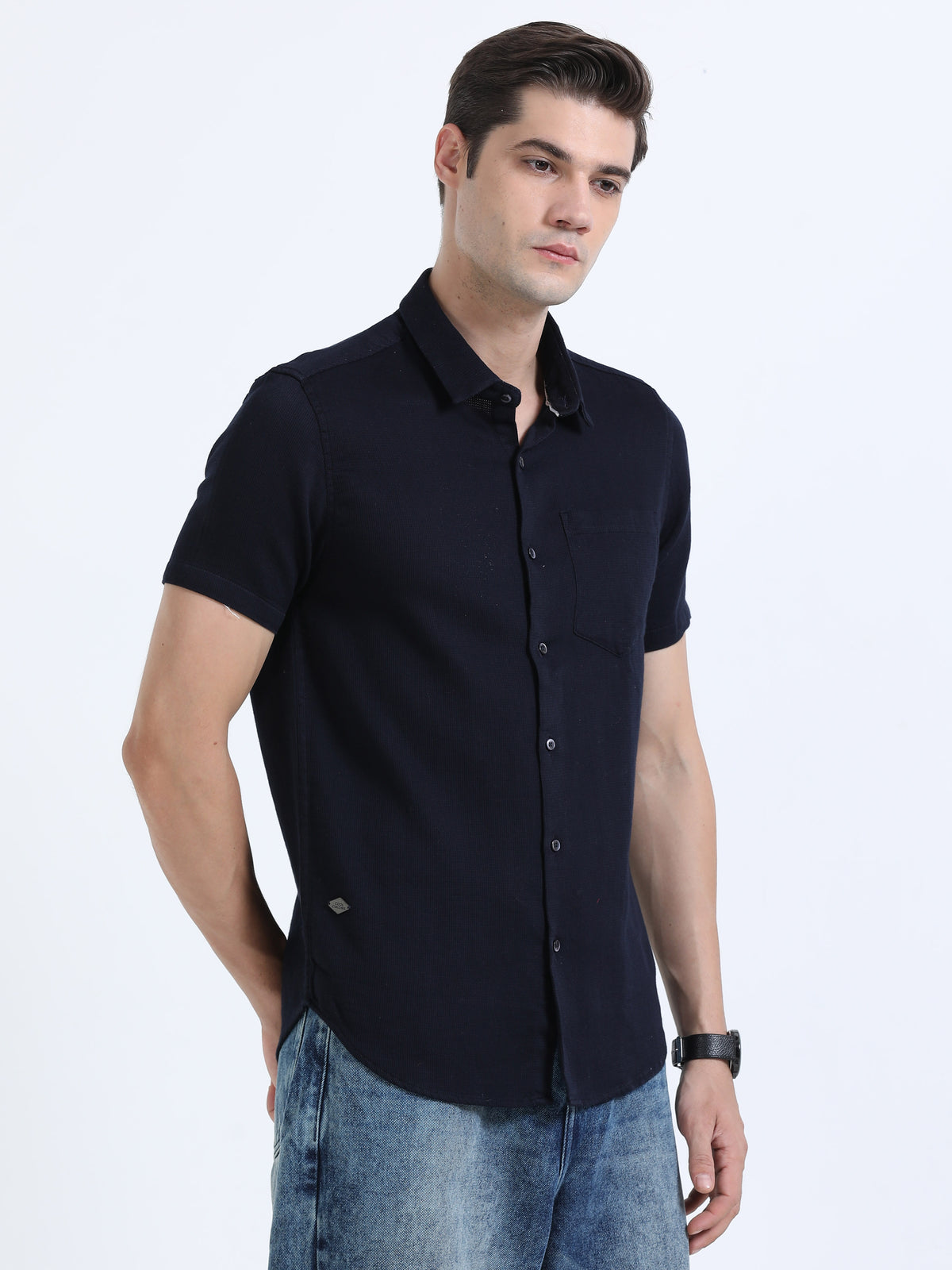 Shop Men's Navy Slim Fit Half Sleeve Dobby Casual Shirt Online.