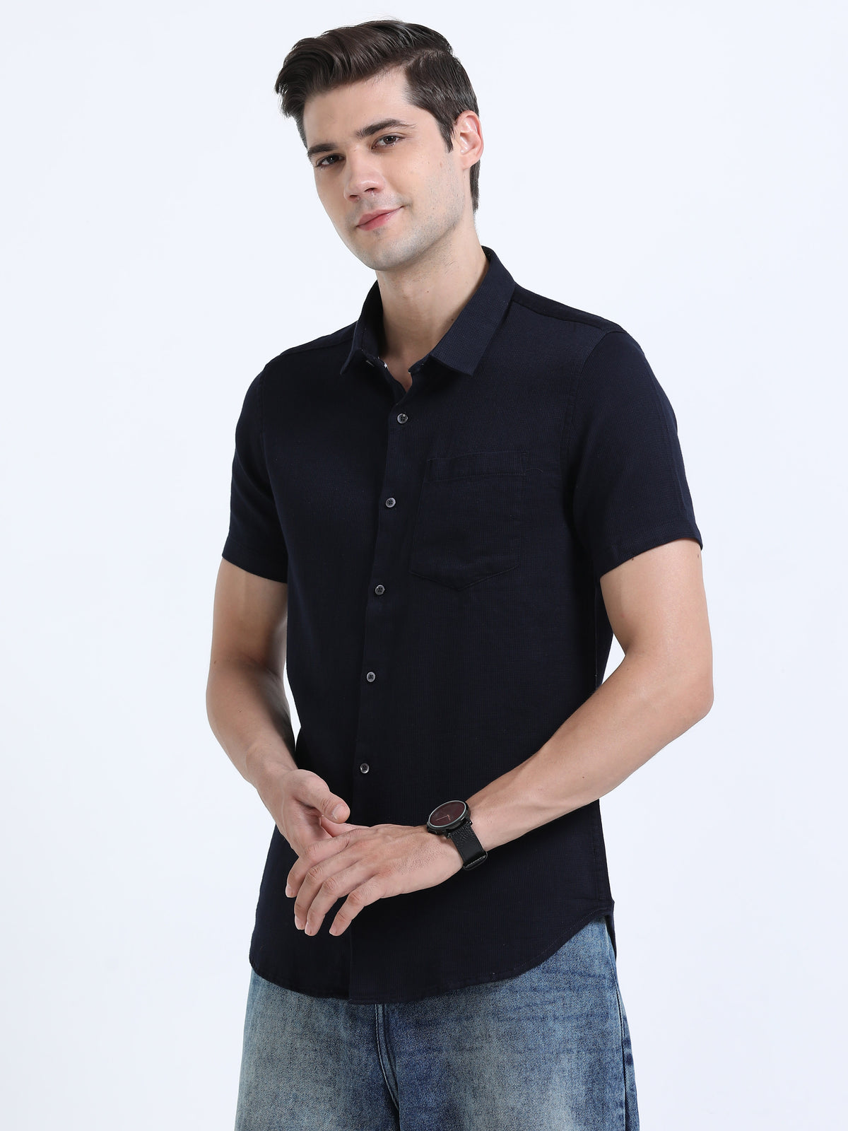 Shop Men's Navy Slim Fit Half Sleeve Dobby Casual Shirt Online.