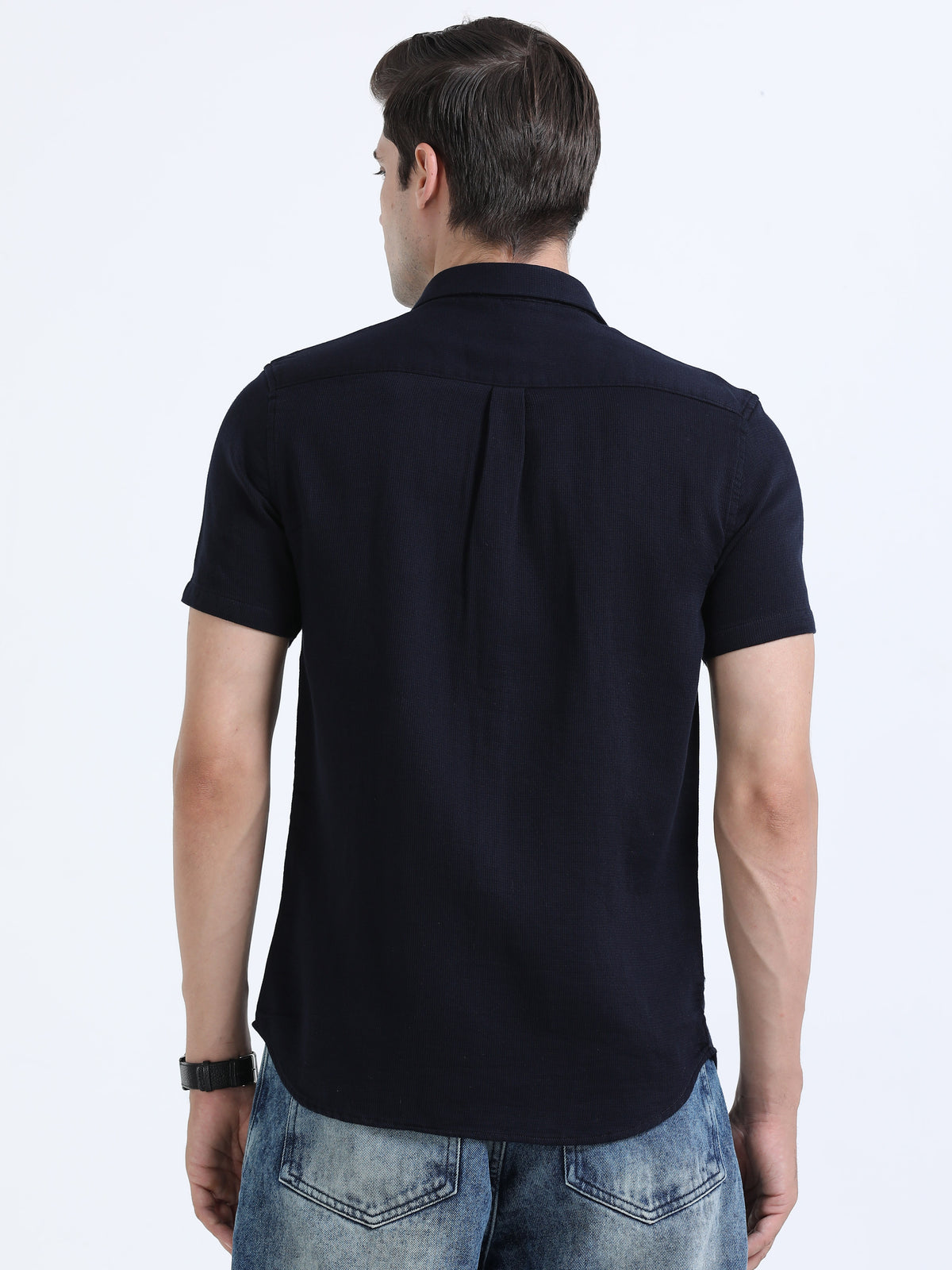 Shop Men's Navy Slim Fit Half Sleeve Dobby Casual Shirt Online.