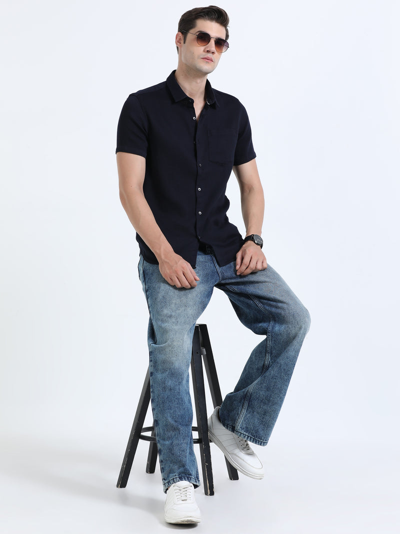 Shop Men's Navy Slim Fit Half Sleeve Dobby Casual Shirt Online.