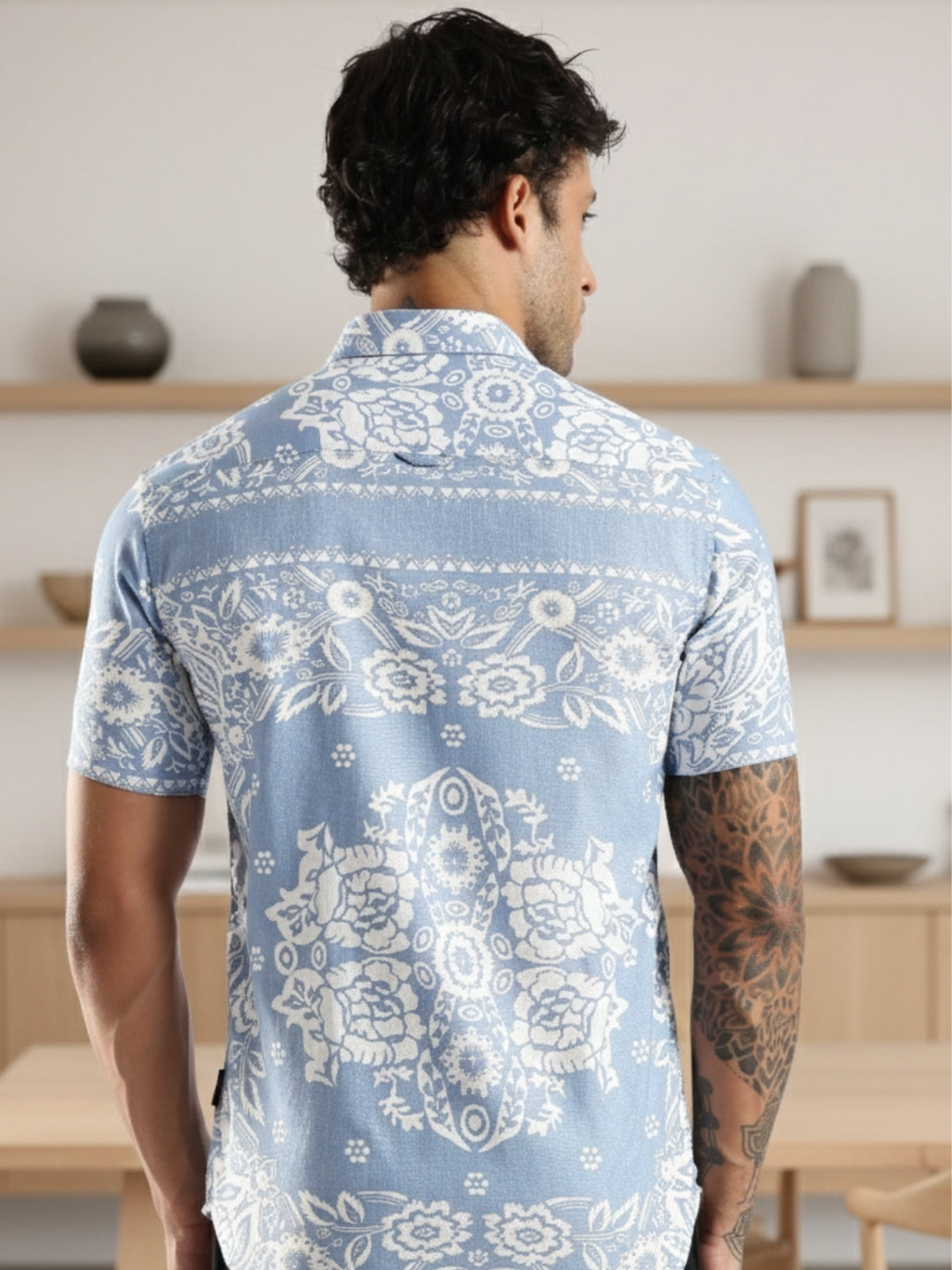 Blue Floral Printed Slim Fit Cotton Half Sleeve Casual Shirt