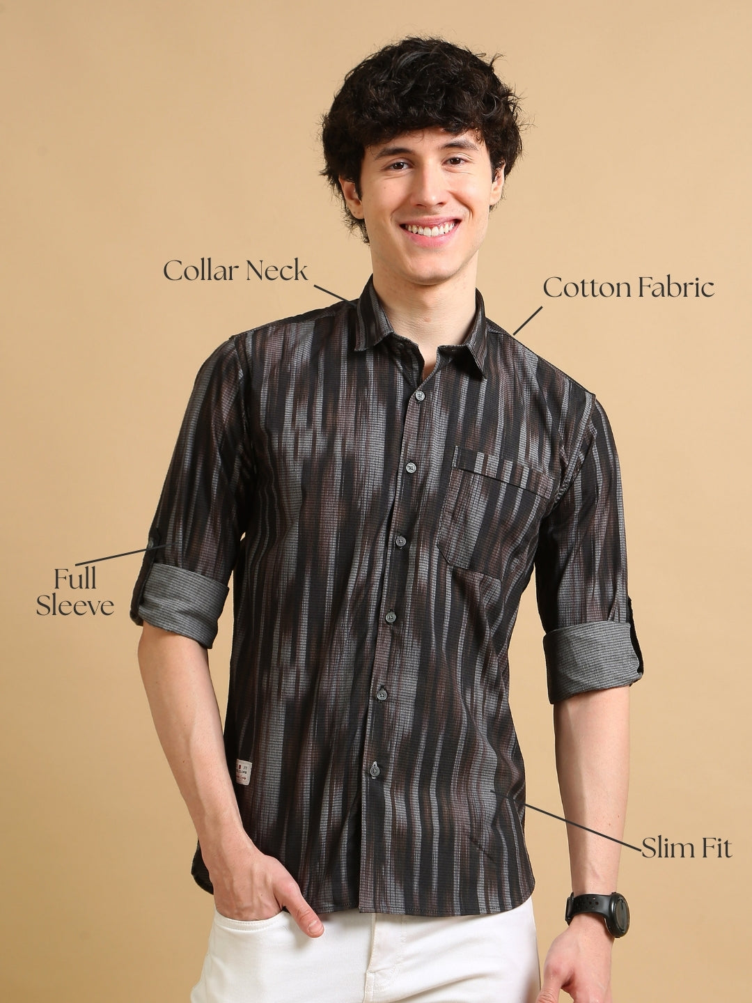 Men Brown Slim Fit Printed Full Sleeve Casual Shirt