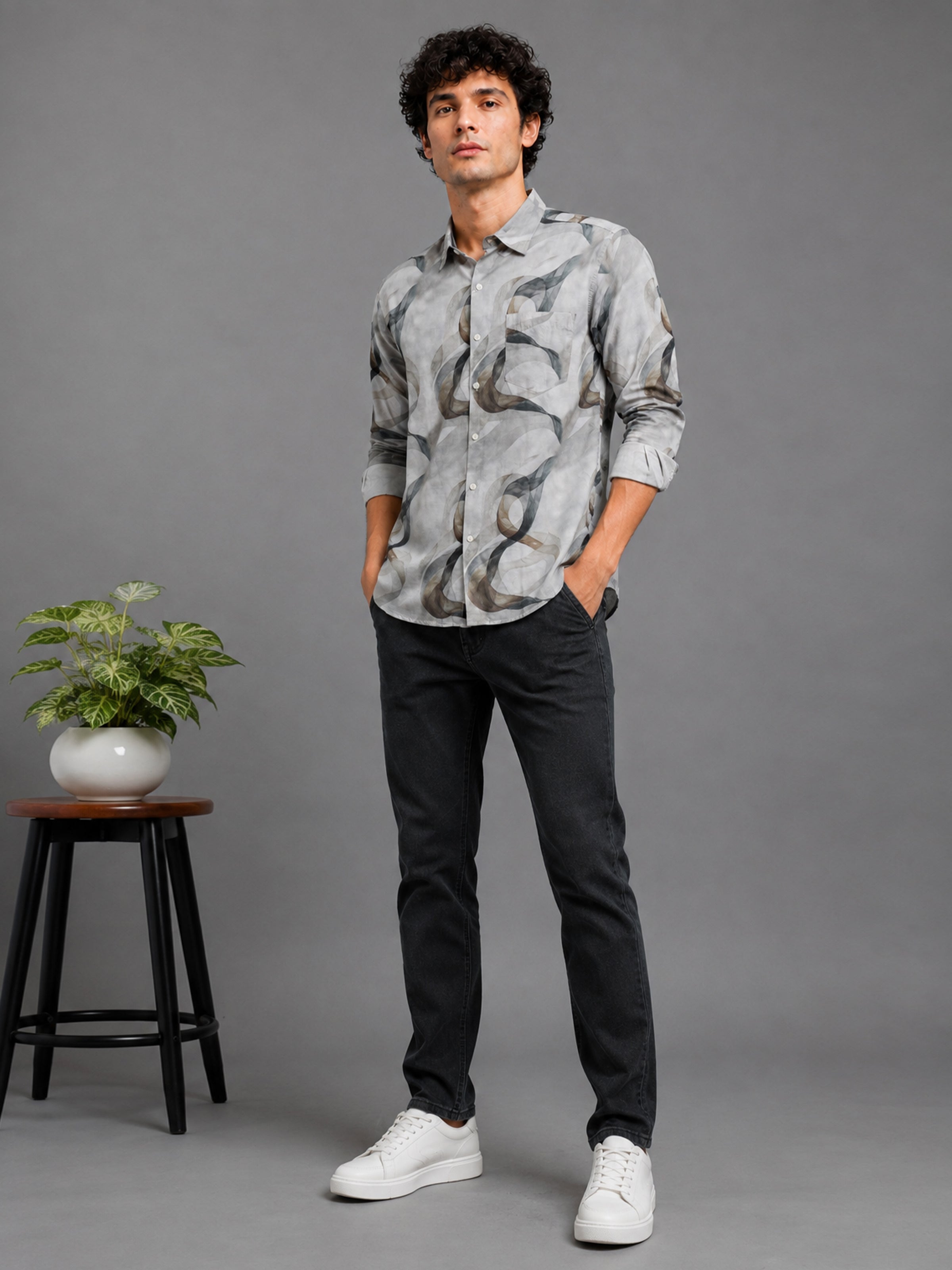 Men Light Green  Slim Fit Artistic Abstract Print Full Sleeve Casual Shirt