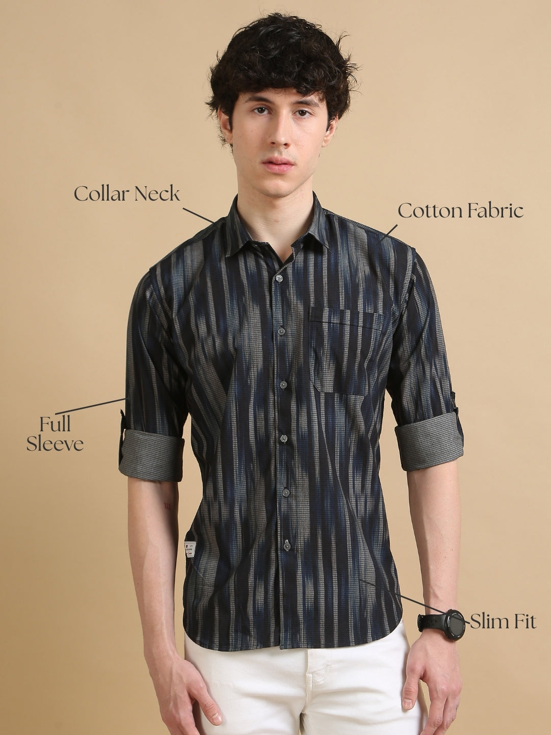 Men Navy  Slim Fit Printed Full Sleeve Casual Shirt