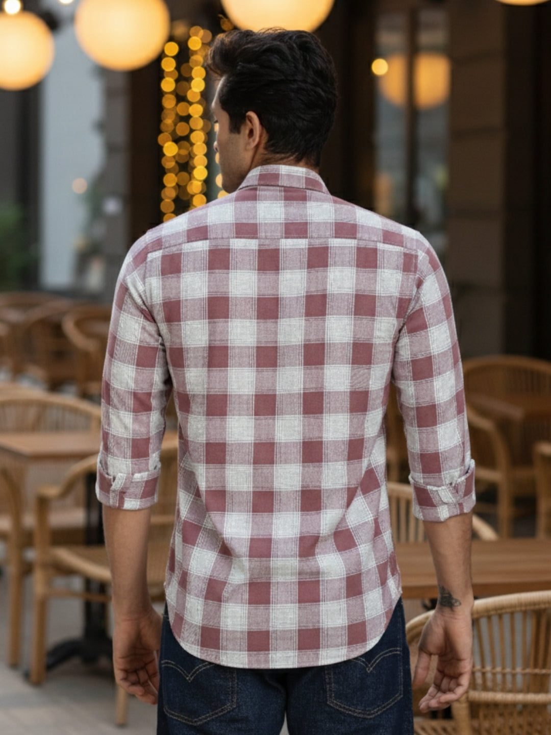 Men Brown Chess Square Check Full Sleeve Slim Fit Casual Shirts