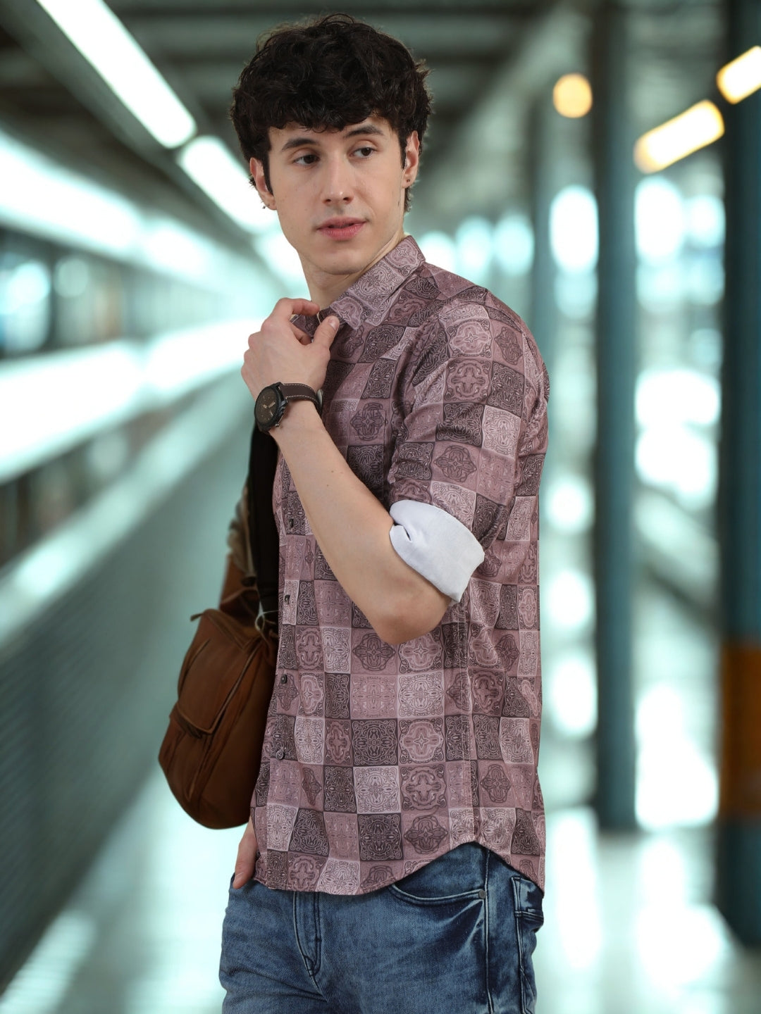 Men Dark Brown Slim Fit Printed Full Sleeve Casual Shirt