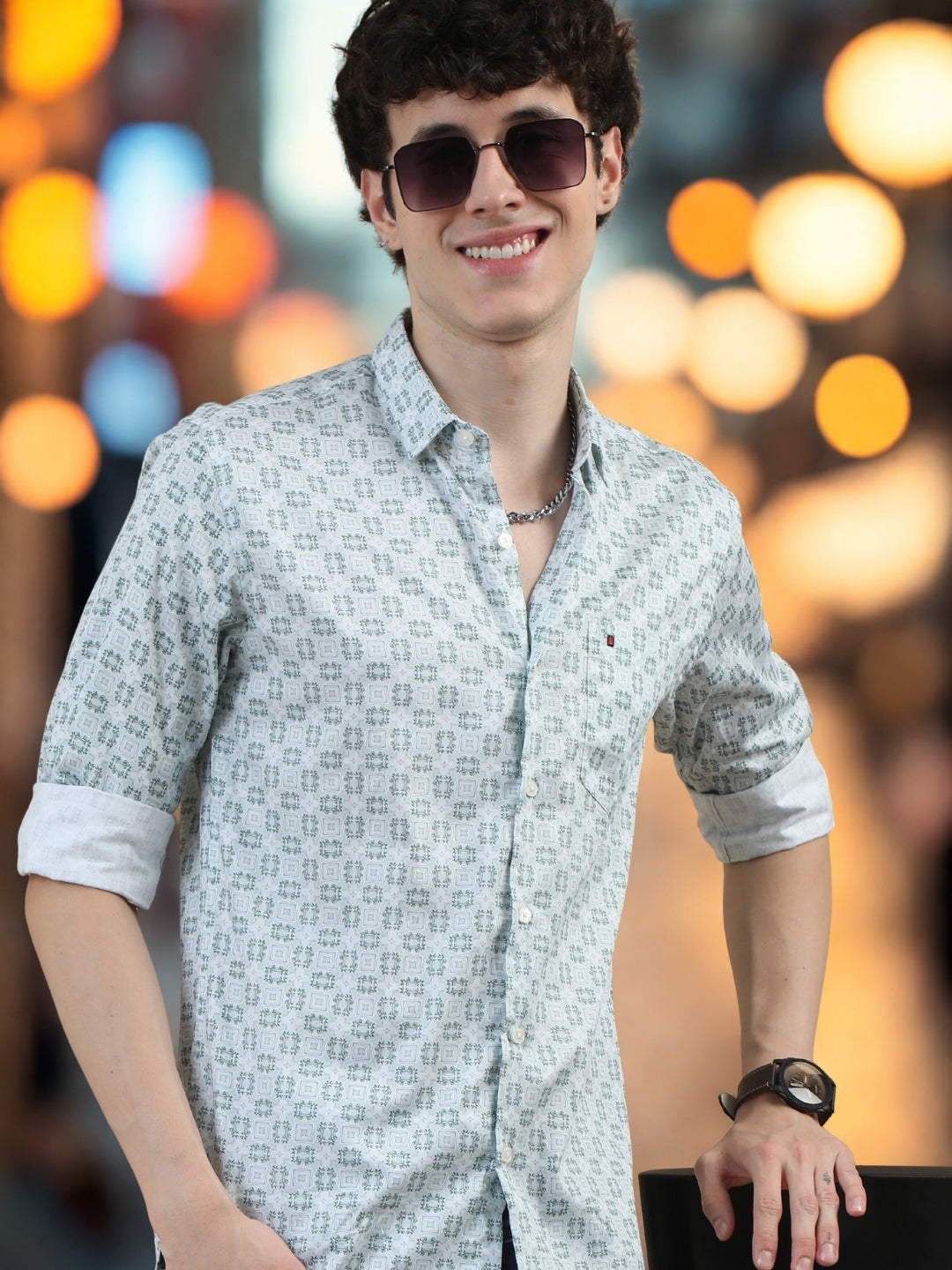 Men Light Green Slim Fit Printed Full Sleeve Casual Shirt