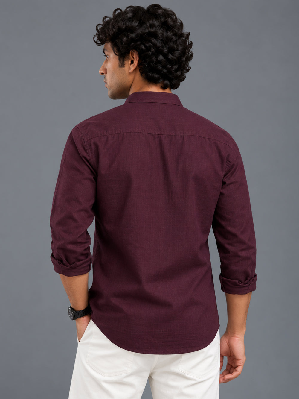Men Wine Slim Fit Solid Linen Texture Casual Kurta Shirt