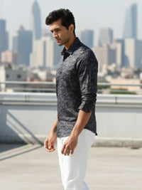 Men Blue Floral Print Full Sleeve Slim Fit Casual Shirts