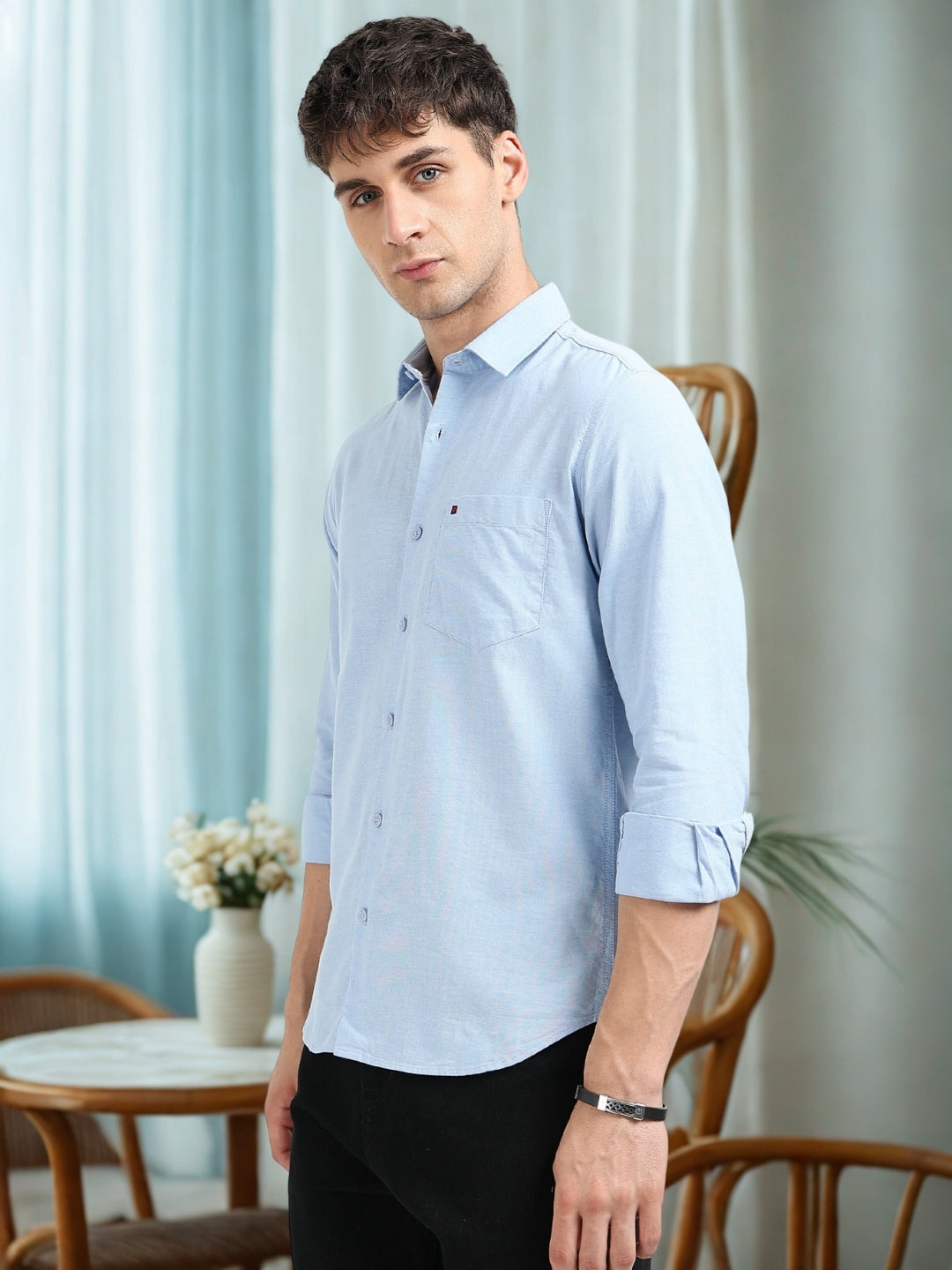Sky Blue Solid Regular Fit Casual Shirts