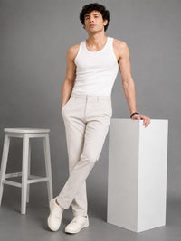 Men's Cream Solid Twill Stretch Trousers | Narrow Fit | Premium Twill | Smart-Casual & Office Wear