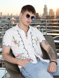 White Floral Print Slim Fit Half Sleeve Cuban Collar Shirt