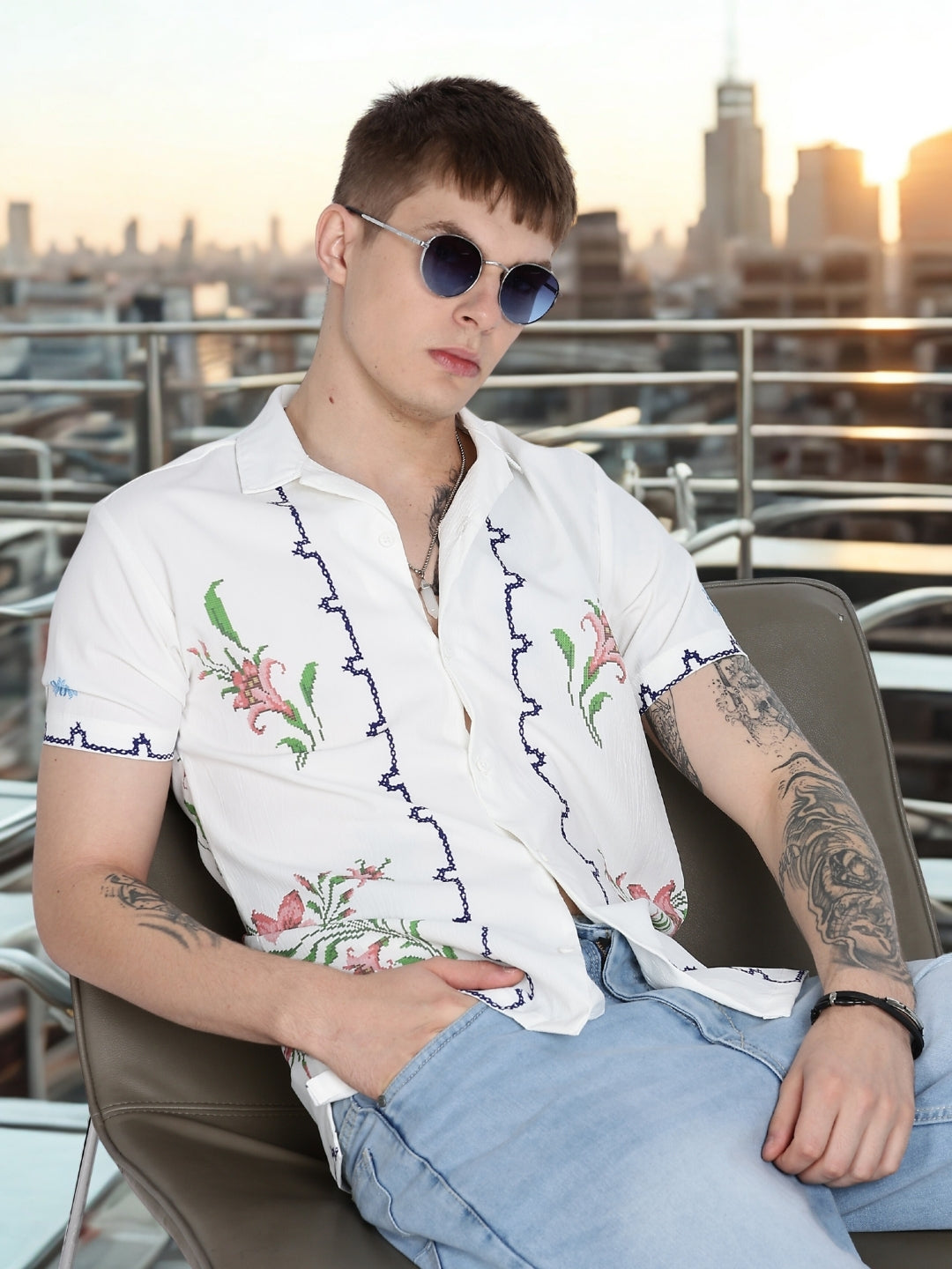 White Floral Print Slim Fit Half Sleeve Cuban Collar Shirt