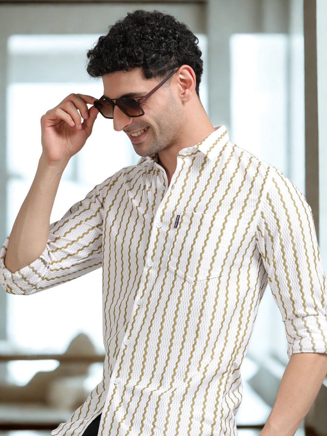 Men Cream Full Sleeve knitted Dobby Casual Shirt