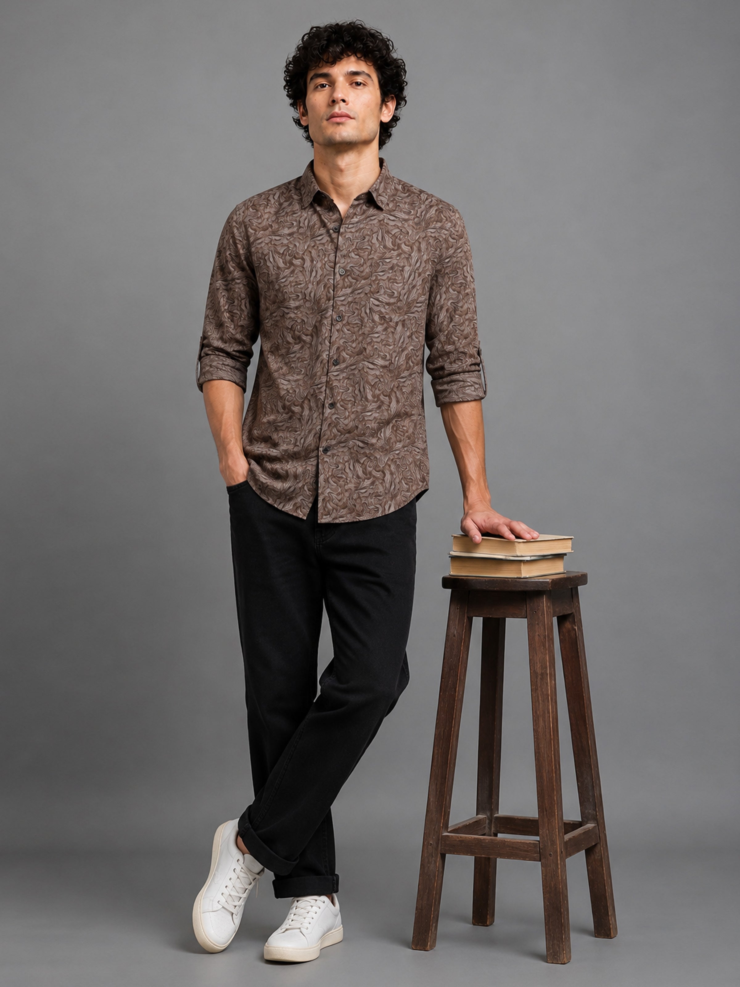 Men Beige Slim Fit Printed Full Sleeve Casual Shirt