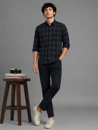 Men Navy Slim Fit Windowpane Check Full Sleeve Casual Shirt