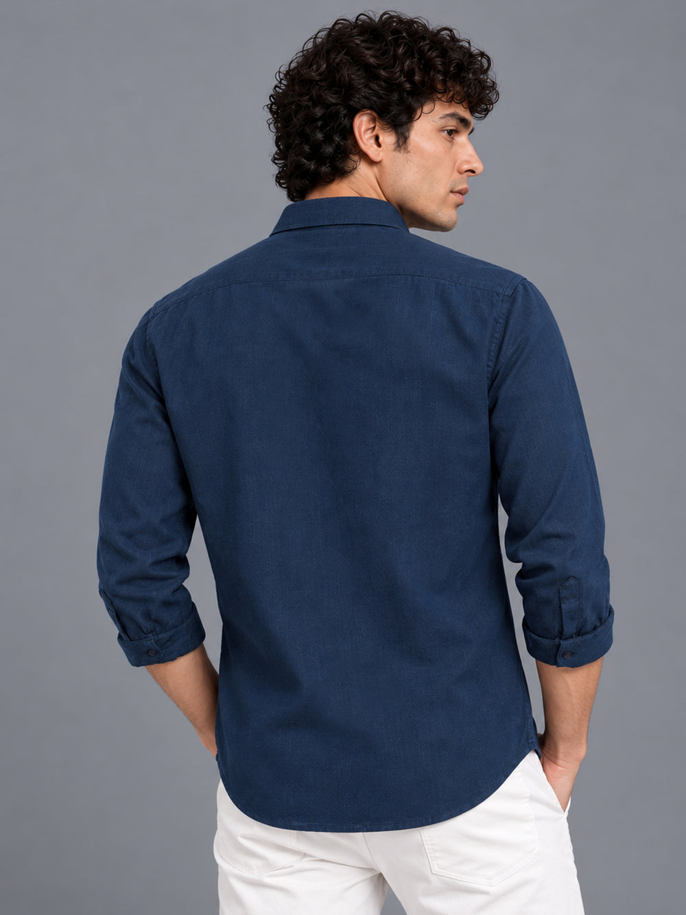 Men's Navy Linen Textured Slim Fit Solid Casual Shirt