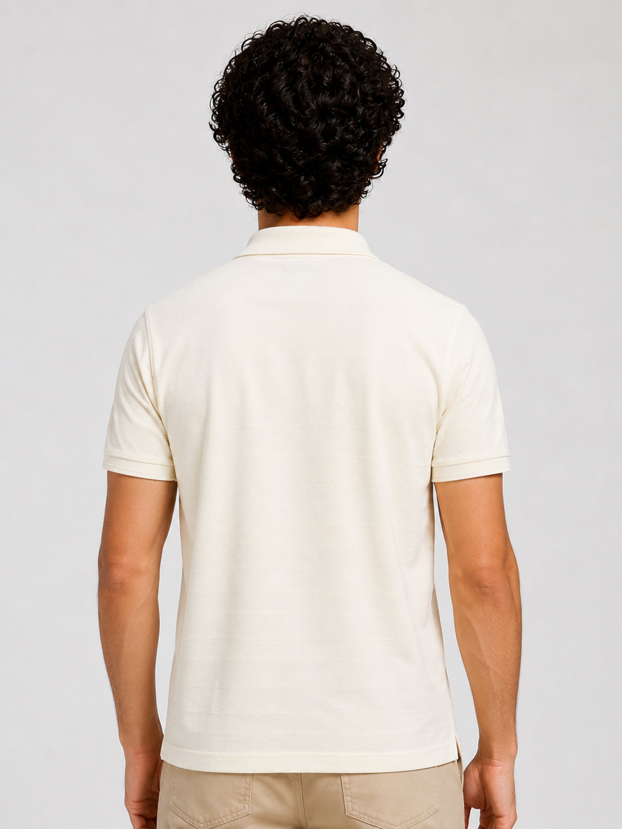 Men’s Off White Textured Knit Solid Casual Polo Tshirt