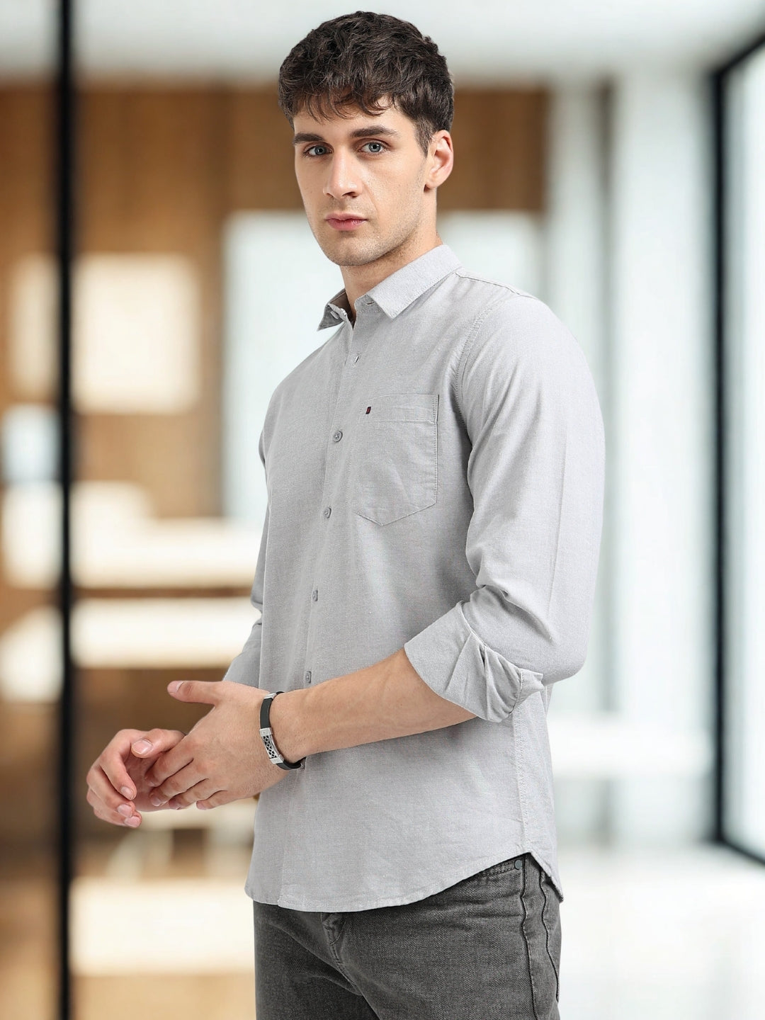 Grey Solid Regular Fit Casual Shirts