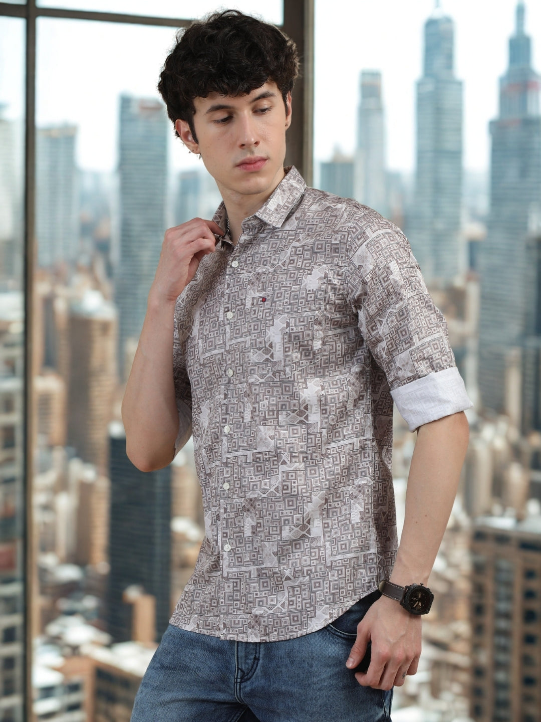 Men Light Peach Slim Fit Digital Printed  Full Sleeve Casual Shirt
