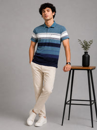 Men's Teal Blue Textured Knit Striped Short Sleeves casual Polo T-Shirt