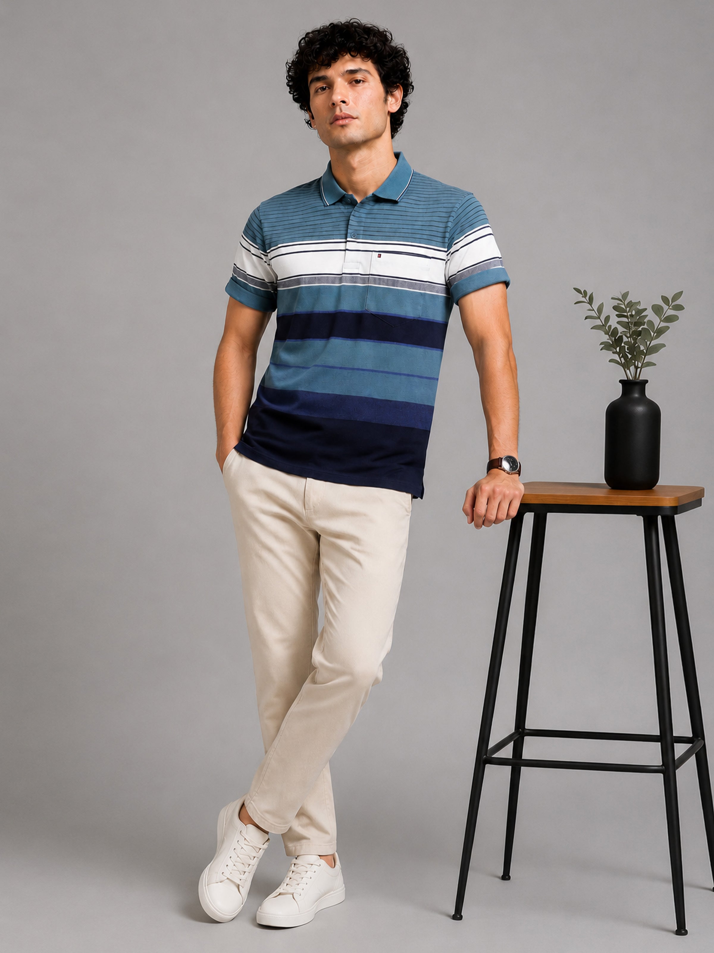 Men's Teal Blue Textured Knit Striped Short Sleeves casual Polo T-Shirt