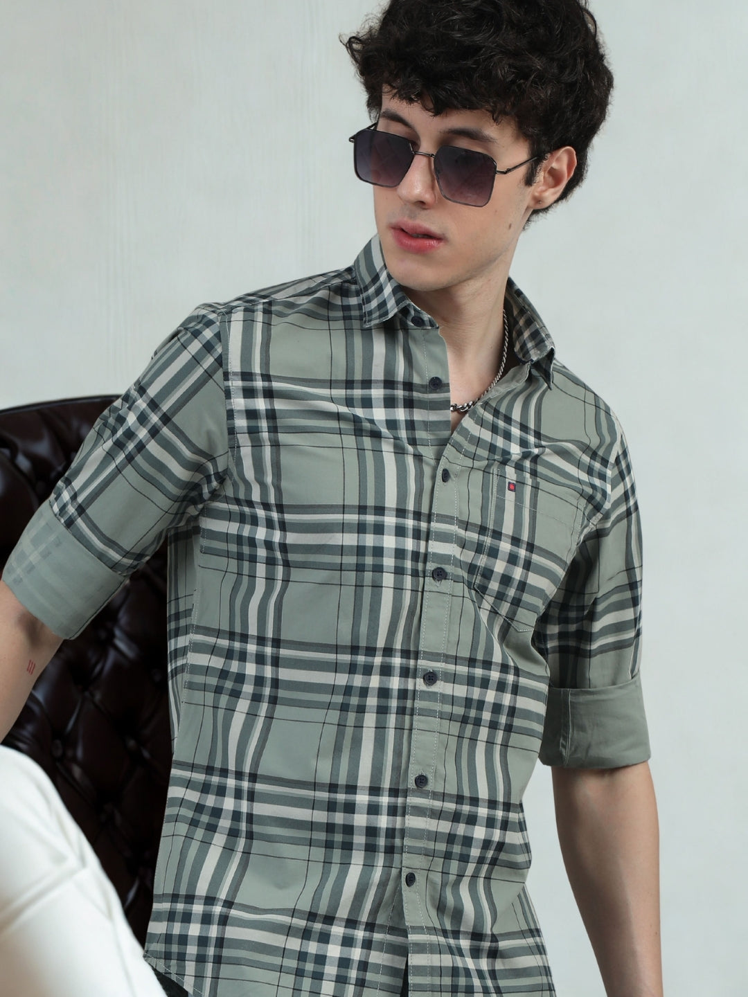 Men Light Green Slim Fit Checks Full Sleeve Casual Shirt