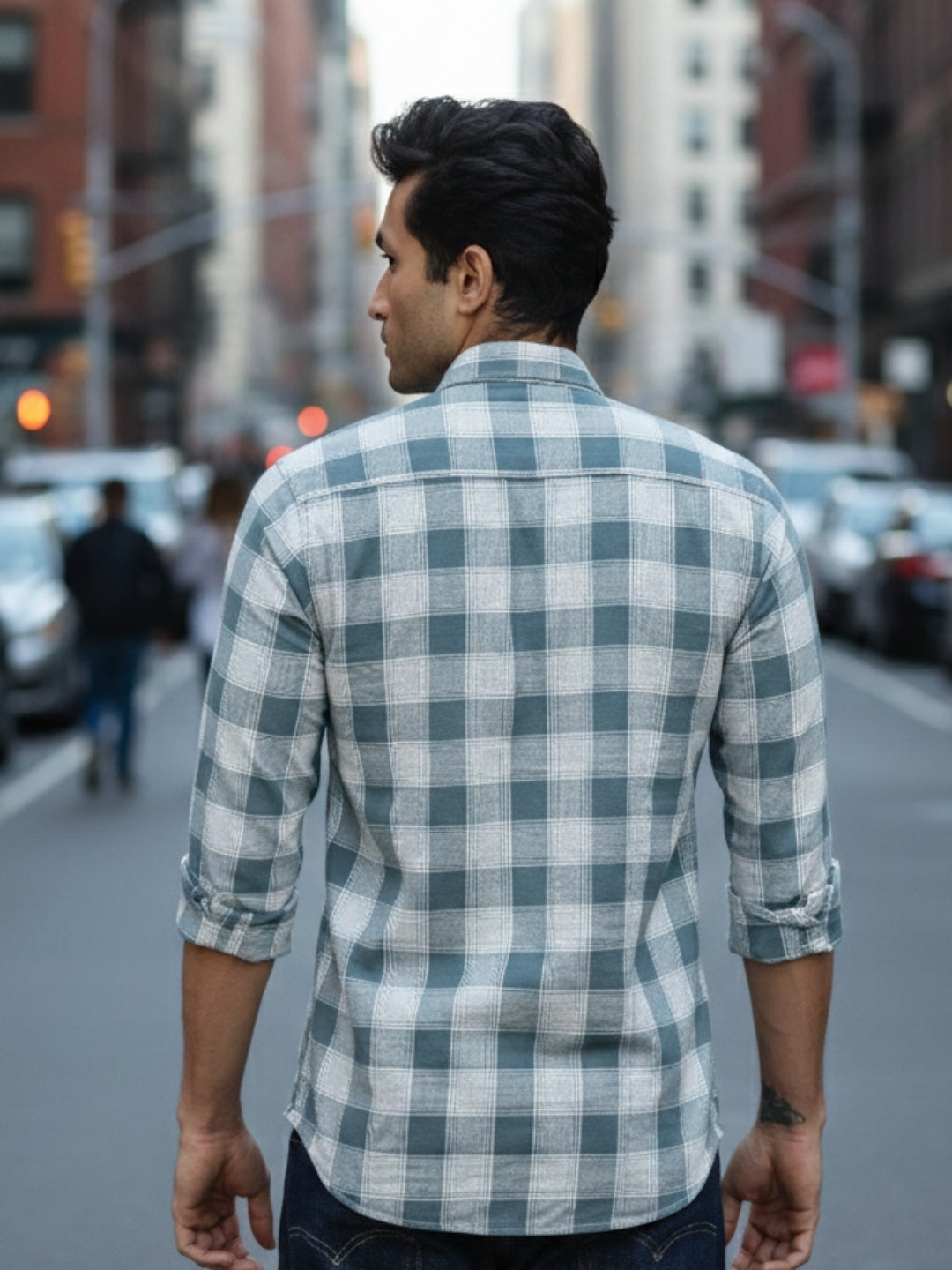 Men Green Chess Square Check Full Sleeve Slim Fit Casual Shirts